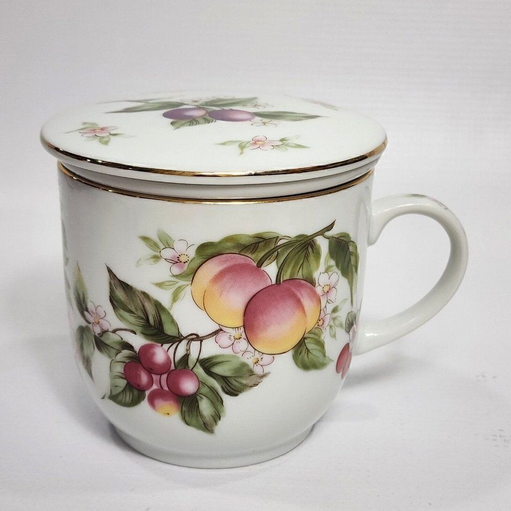 Andrea by Sadek Tea Cup Mug, Strainer Infuser w Lid Fruits‎ Pattern Japan